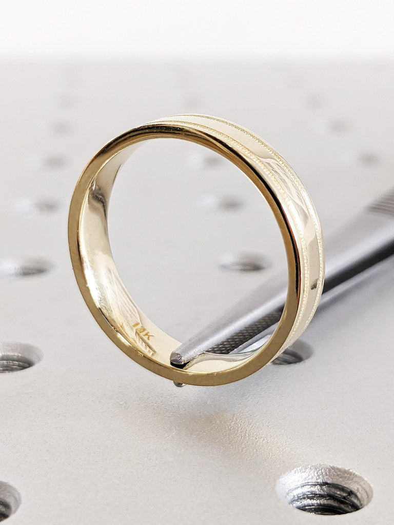 Plain Milgrain Gold Wedding Band, Minimalist 14K Solid Yellow Gold Ring Milgrain Edge, Classic Men's Engagement Ring, Polished Finish Band