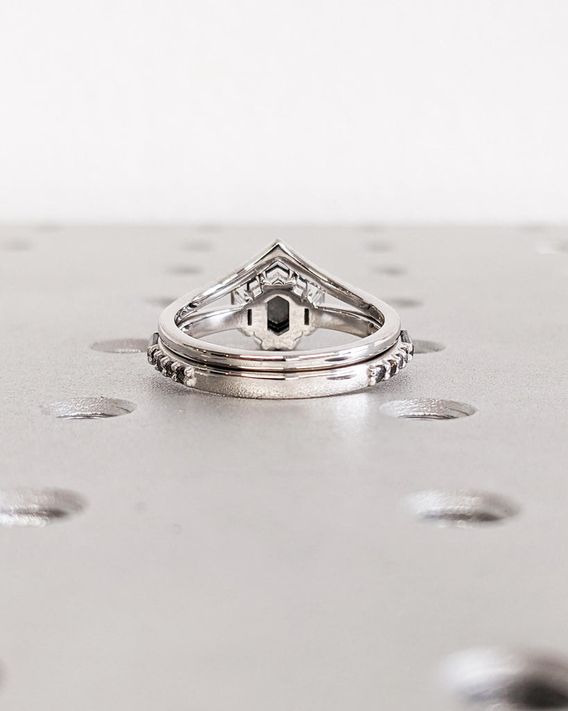 Hexagon Diamond Engagement Ring Set | Salt and Pepper Diamond Ring Bridal Set | Baguette Diamond Ring | Curved Wedding Band | 18K White Gold