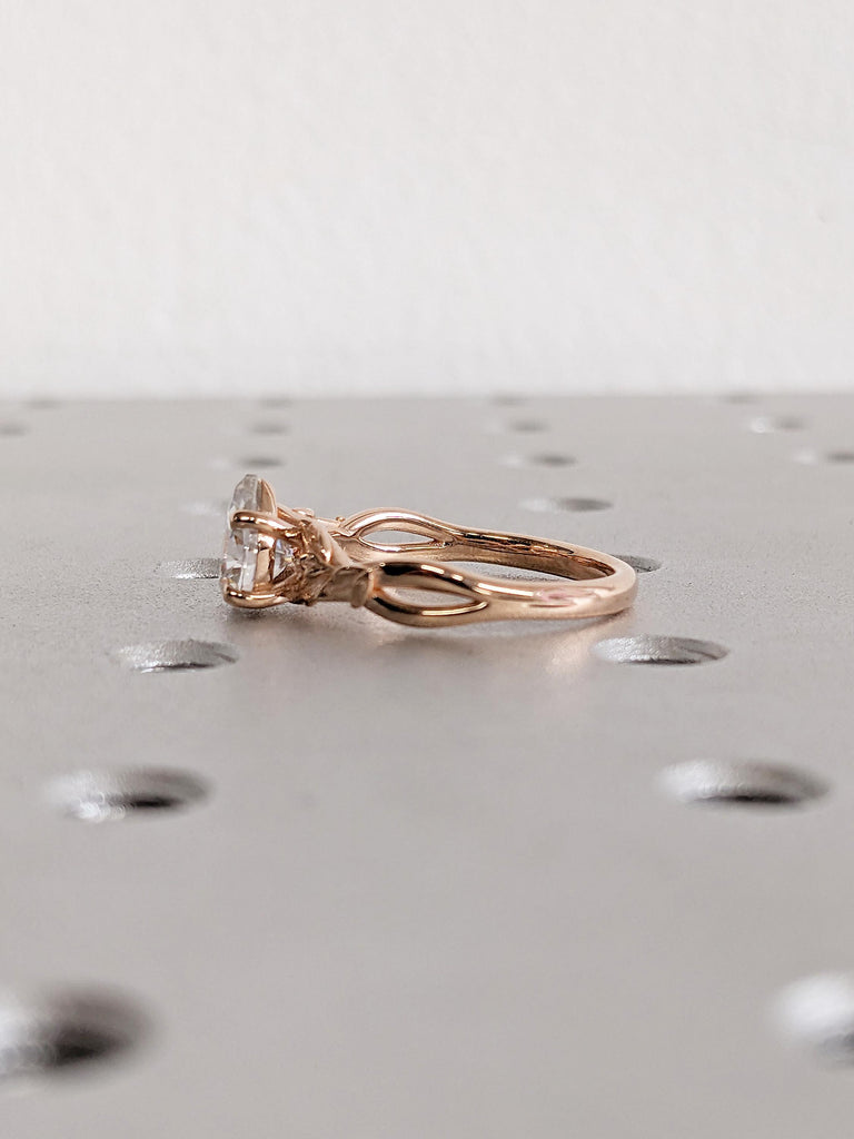 Pear Cut Moissanite Engagement Ring, 14k Rose Gold Ring, Nature Inspired Ring, Floral Ring