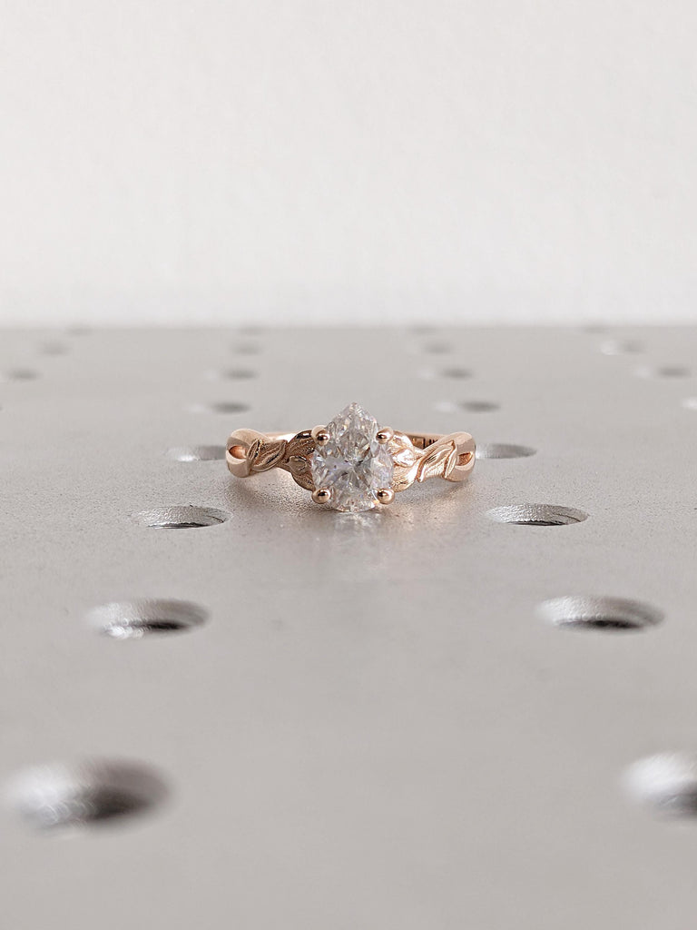 Pear Cut Moissanite Engagement Ring, 14k Rose Gold Ring, Nature Inspired Ring, Floral Ring