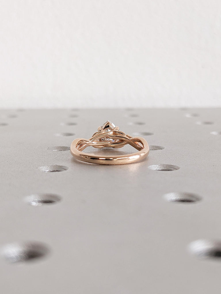 Pear Cut Moissanite Engagement Ring, 14k Rose Gold Ring, Nature Inspired Ring, Floral Ring