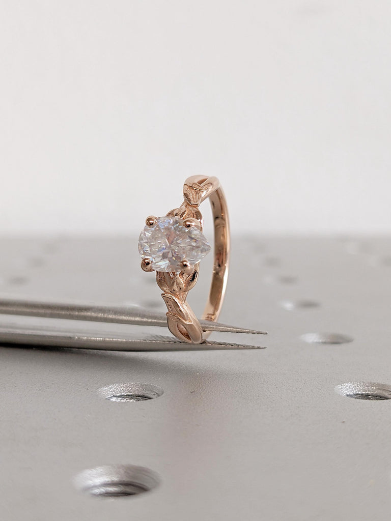 Pear Cut Moissanite Engagement Ring, 14k Rose Gold Ring, Nature Inspired Ring, Floral Ring