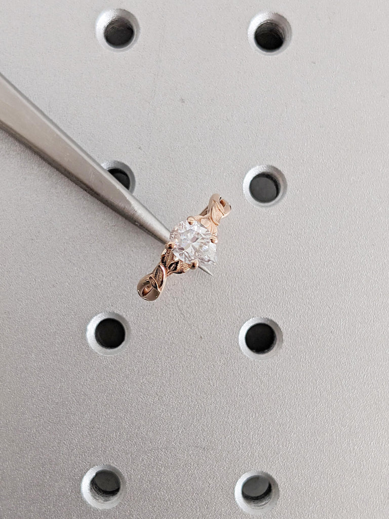 Pear Cut Moissanite Engagement Ring, 14k Rose Gold Ring, Nature Inspired Ring, Floral Ring