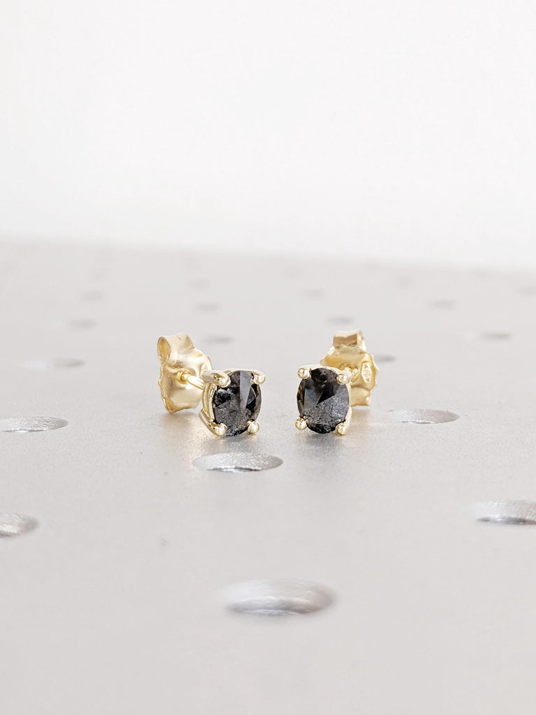 14K Yellow Gold Salt and Pepper Diamond Earring | Unique Diamond Oval Earring | Earring Studs Pair | Diamond Solitaire Minimalist Earrings