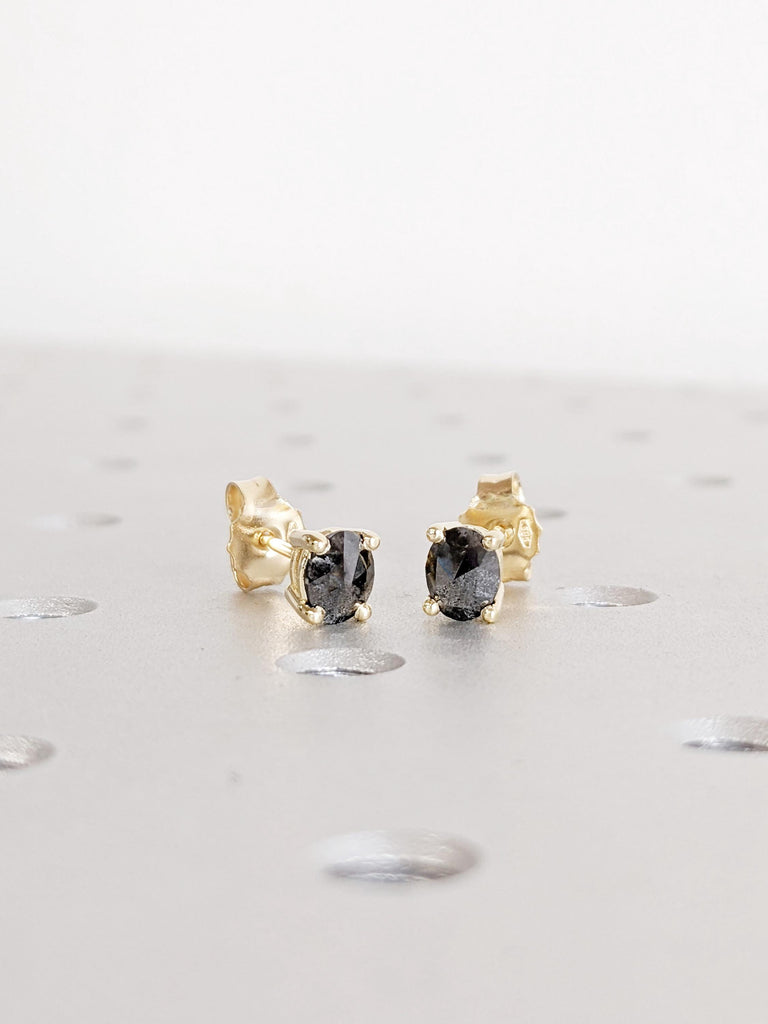 Salt and Pepper Diamond Stud Earrings: Oval Cut Prong Set, Minimalist Solitaire Design