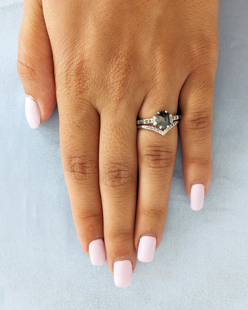 Hexagon Salt and Pepper Diamond Engagement Ring Set | Round & Baguette Diamond Accents | Stackable Curved Wedding Ring | 18K White Gold