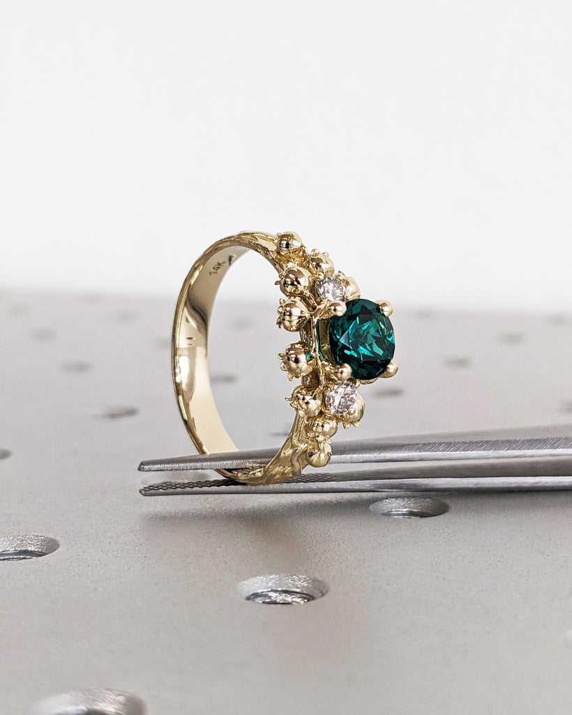 Round Cut Green Lab Emerald Wedding Band, Lily of the Valley Diamond Eternity Ring, May Birthstone, 14K/18K Yellow Gold Engagement Ring