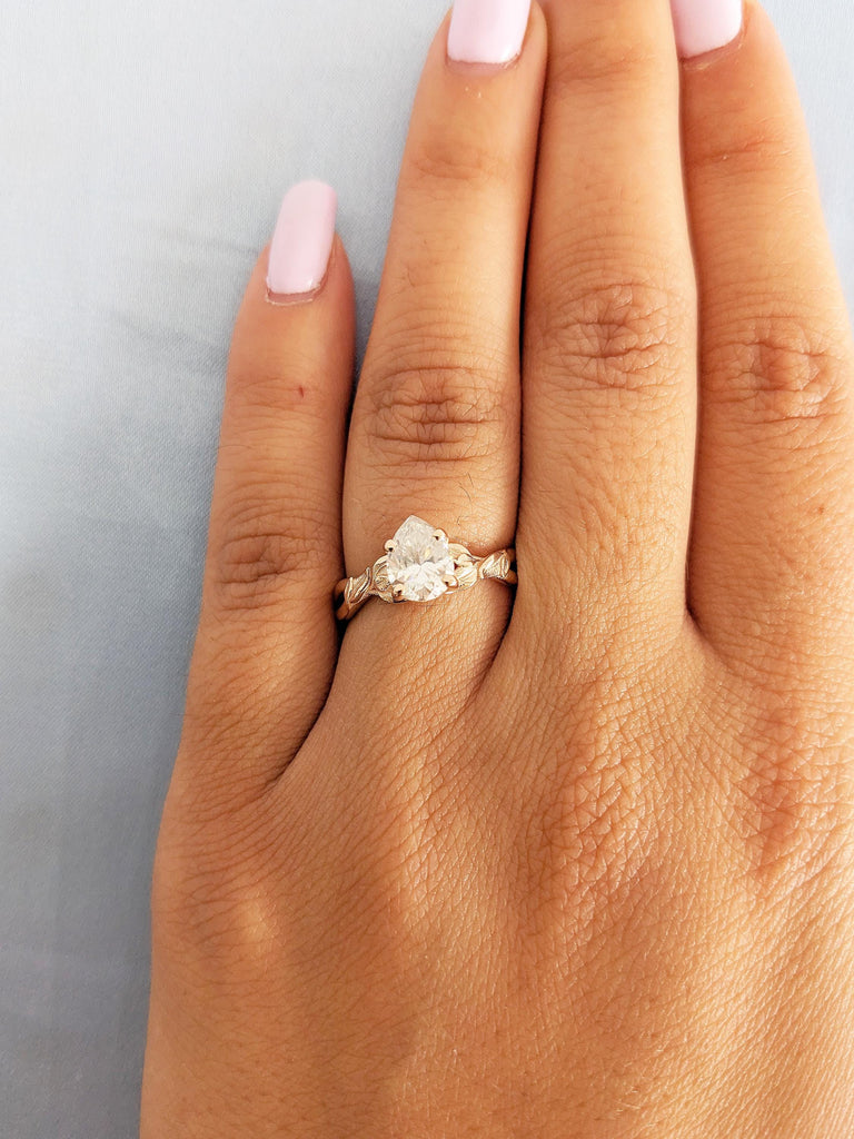 Pear Cut Moissanite Engagement Ring, Leaves Ring