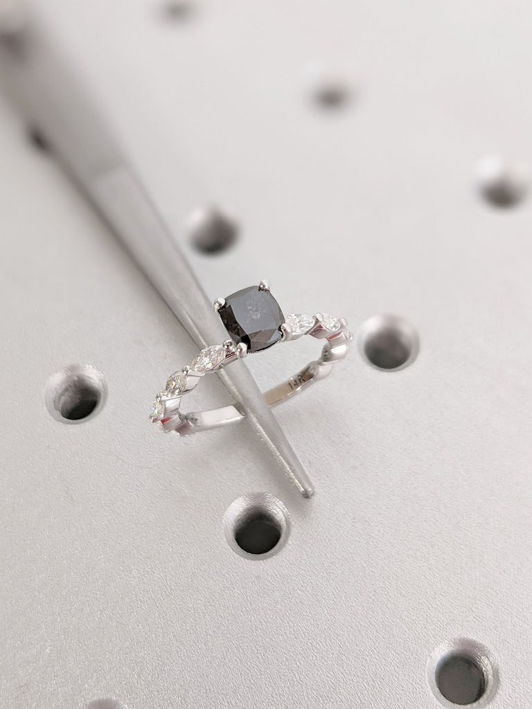 14K Solid White Gold Cushion Cut Raw Salt and Pepper Engagement Ring, White Diamond Marquise Cut Wedding Ring, Unique Bridal Diamond Ring