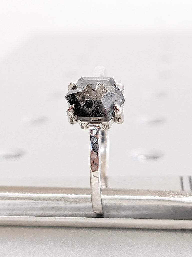 Hammered Ring, Hexagon Engagement Ring, Salt and Pepper Diamond Ring, Dainty White Gold Ring, Wedding Anniversary Ring, Unique Gift for Mom