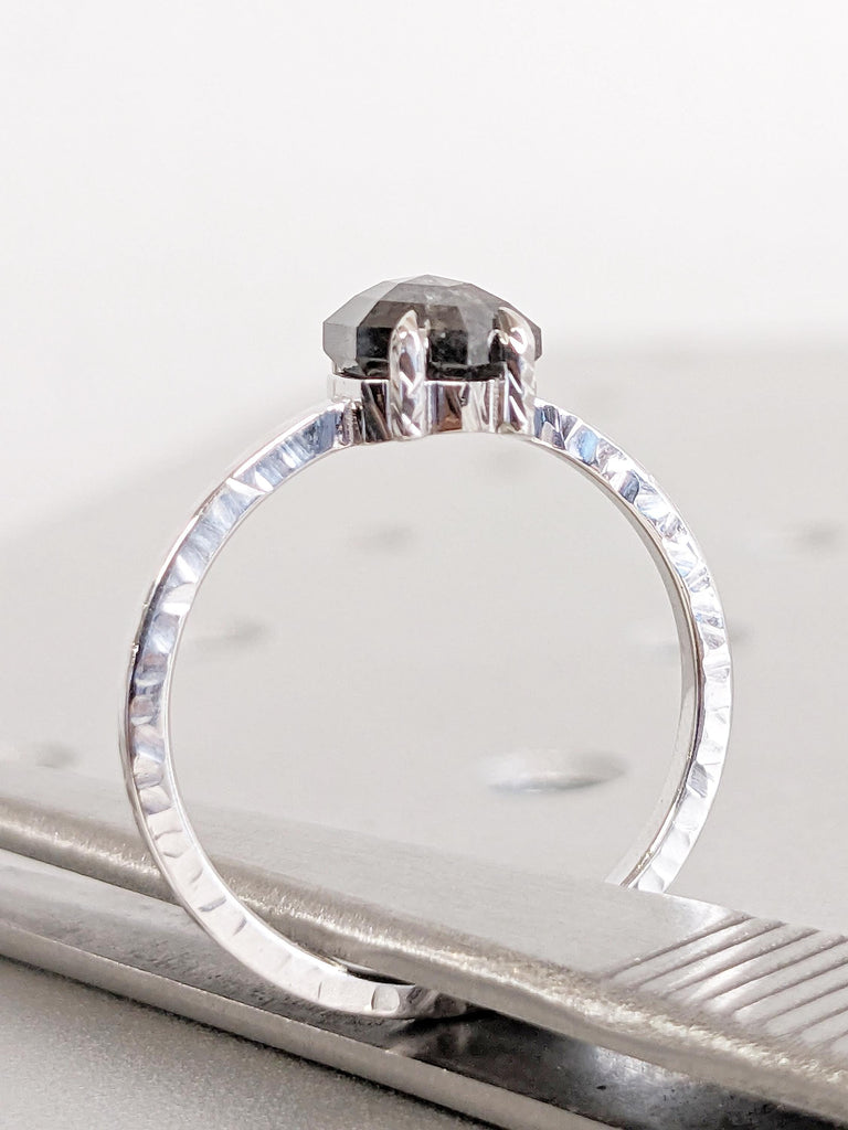 Hammered Ring, Hexagon Engagement Ring, Salt and Pepper Diamond Ring, Dainty White Gold Ring, Wedding Anniversary Ring, Unique Gift for Mom