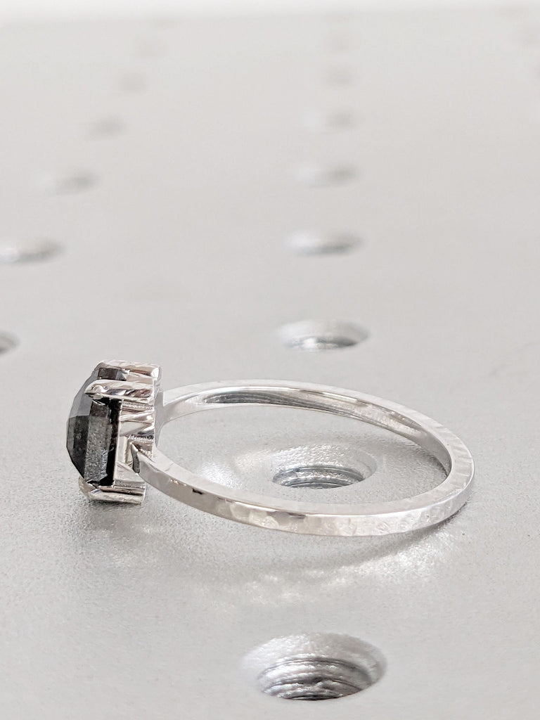 Vintage Salt and Pepper Diamond Engagement Ring, Unique Hand Hammered Ring, 14k Gold Promise Rings for Women, Hexagon Ring, Gift for Wife