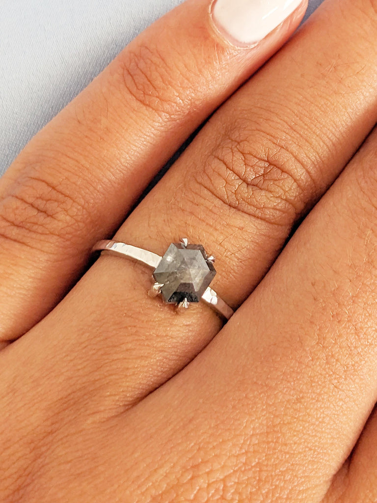 Hammered Ring, Hexagon Engagement Ring, Salt and Pepper Diamond Ring, Dainty White Gold Ring, Wedding Anniversary Ring, Unique Gift for Mom