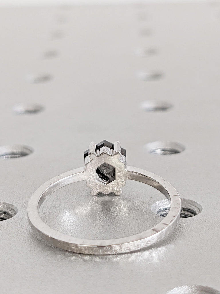 Hammered Ring, Hexagon Engagement Ring, Salt and Pepper Diamond Ring, Dainty White Gold Ring, Wedding Anniversary Ring, Unique Gift for Mom