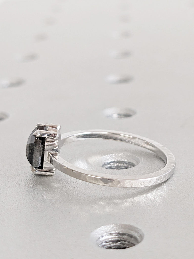 Hammered Ring, Hexagon Engagement Ring, Salt and Pepper Diamond Ring, Dainty White Gold Ring, Wedding Anniversary Ring, Unique Gift for Mom