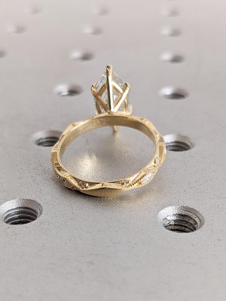 18k Yellow Gold Marquise Moissanite Engagement Ring | Unique Marquise Ring | Vintage Style Wedding Ring | Antique Milgrain Promise Ring