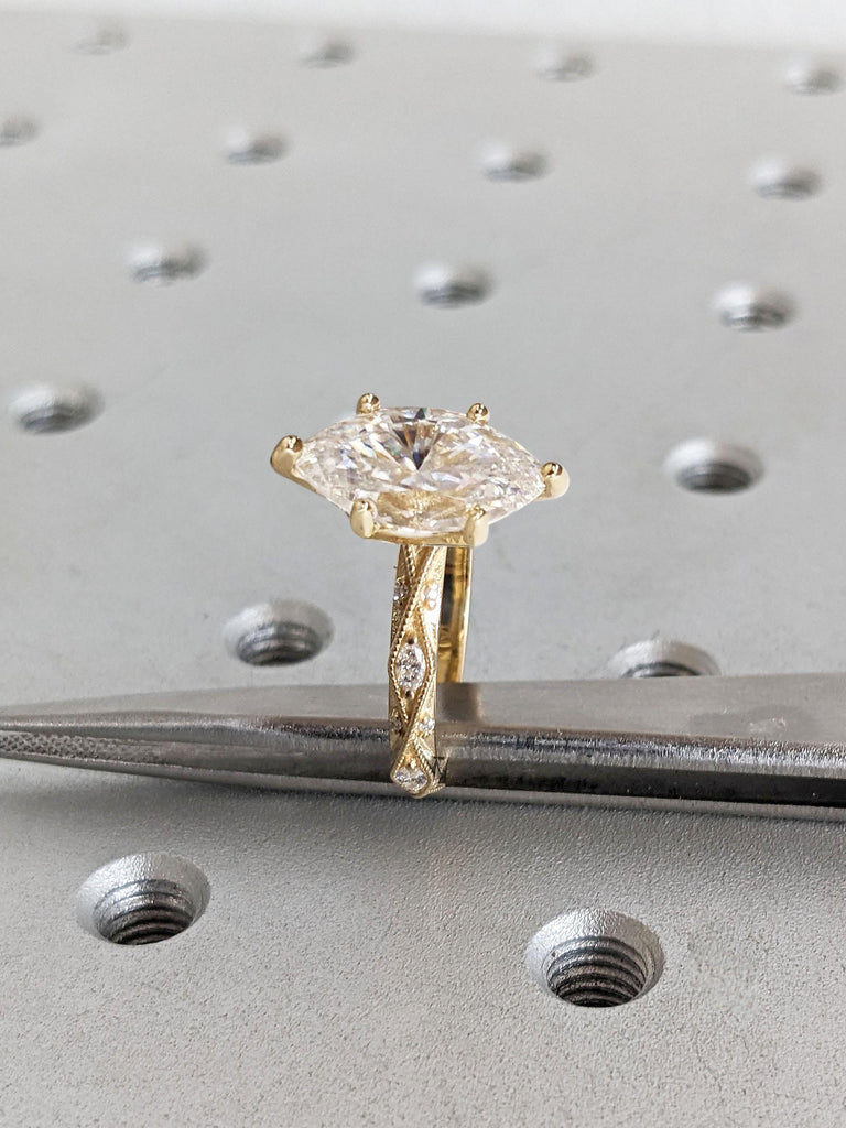 18k Yellow Gold Marquise Moissanite Engagement Ring | Unique Marquise Ring | Vintage Style Wedding Ring | Antique Milgrain Promise Ring