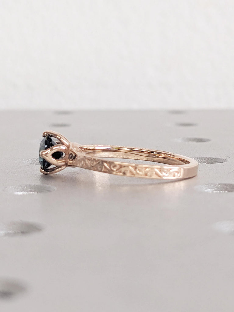 Round Cut Teal Sapphire Engagement Ring, 14k Rose Gold Filigree Ring, Tulip Ring, Natural Sapphire Solitaire Ring, September Birthstone Ring
