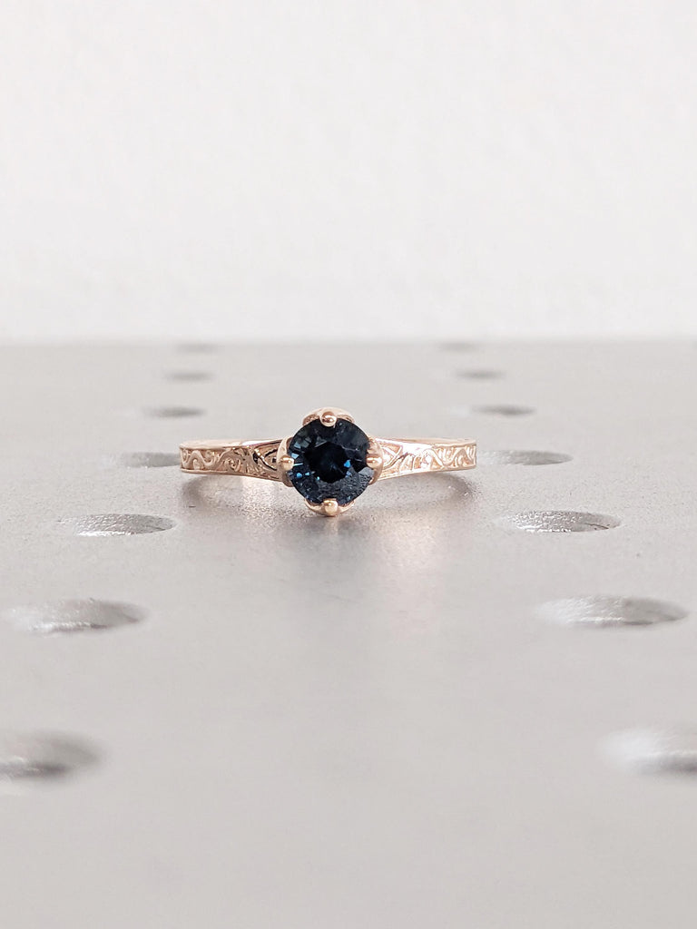 Round Cut Teal Sapphire Engagement Ring, 14k Rose Gold Filigree Ring, Tulip Ring, Natural Sapphire Solitaire Ring, September Birthstone Ring