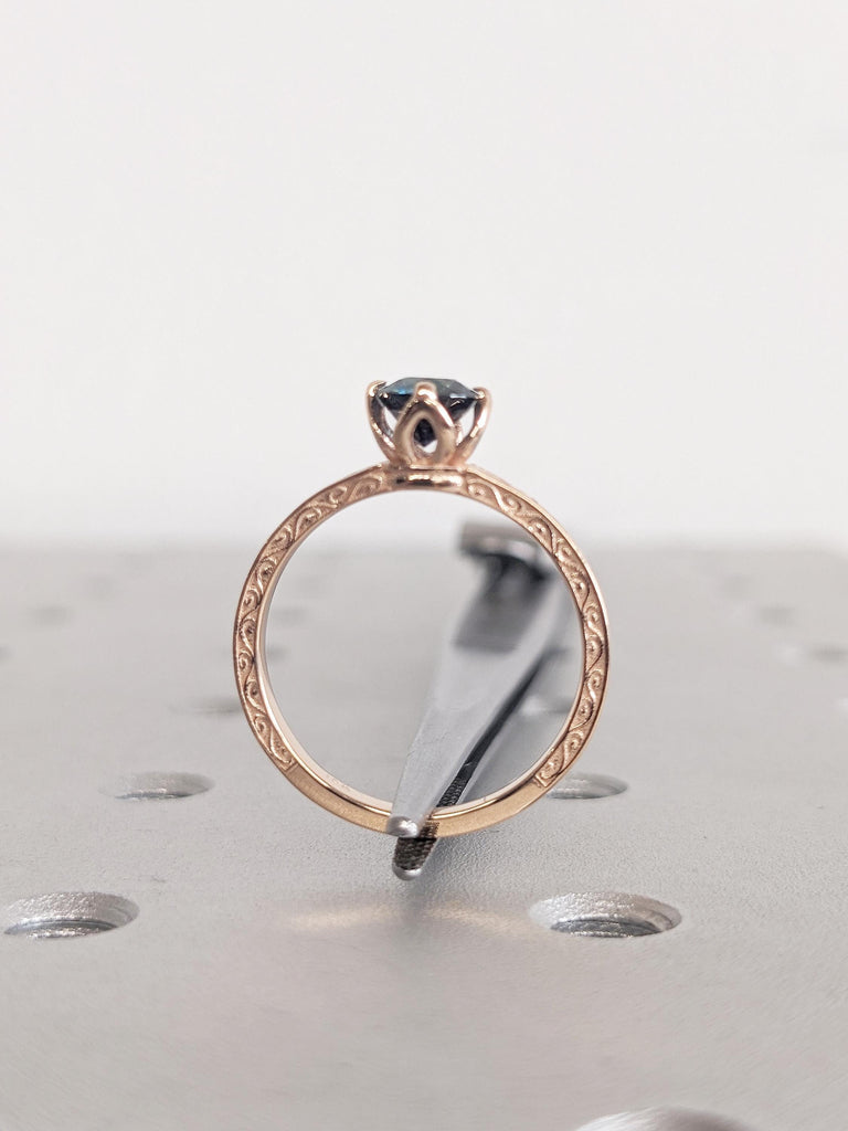 Round Cut Teal Sapphire Engagement Ring, 14k Rose Gold Filigree Ring, Tulip Ring, Natural Sapphire Solitaire Ring, September Birthstone Ring