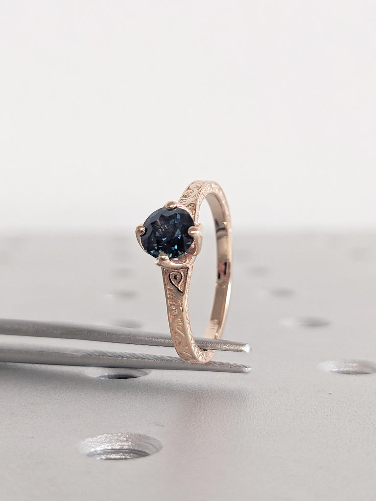 Round Cut Teal Sapphire Engagement Ring, 14k Rose Gold Filigree Ring, Tulip Ring, Natural Sapphire Solitaire Ring, September Birthstone Ring