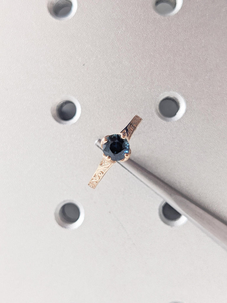 Round Cut Teal Sapphire Engagement Ring, 14k Rose Gold Filigree Ring, Tulip Ring, Natural Sapphire Solitaire Ring, September Birthstone Ring