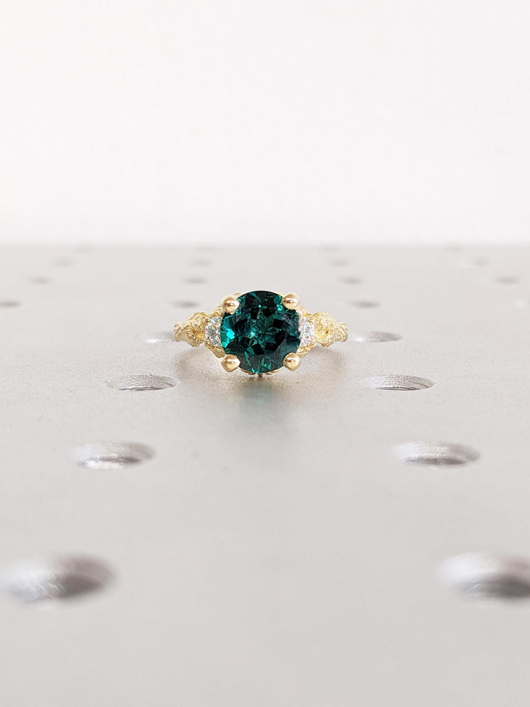 18k Solid Gold Engagement Ring, Round Lab Emerald Ring, Nature Jewelry, Green Gemstone Ring