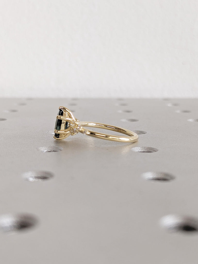 1.5ct Teal Sapphire Engagement Ring, Oval 14k Solid Gold Ring, Moissanite, Diamond Cluster Ring