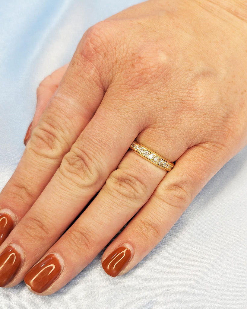 Channel Setting Wedding Ring, 4mm Wedding Band Men, Wedding Band Women, Moissanite or Diamond Eternity Ring, Yellow Rose White Gold Platinum