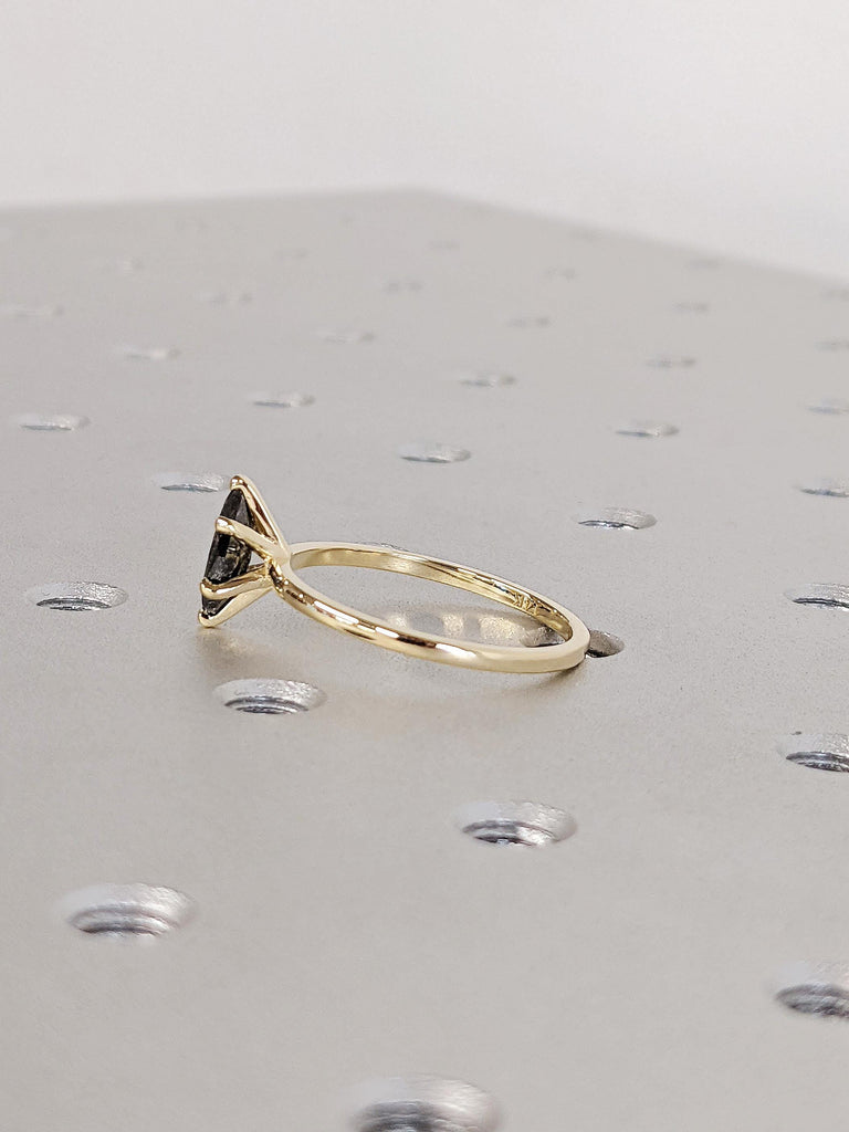 14K Solid Yellow Gold Marquise Cut Salt and Pepper Diamond Engagement Ring, Slim Gold Wedding Band, Raw Salt & Pepper Diamond Solitaire Ring