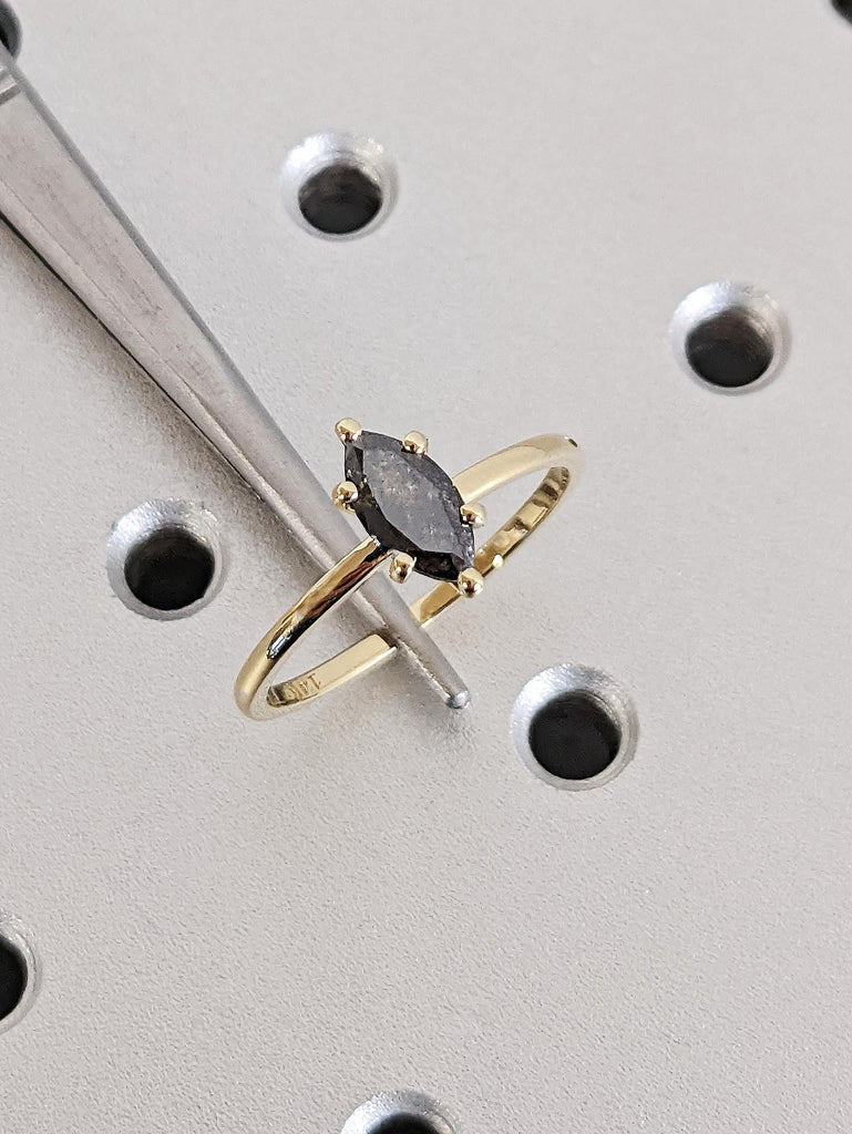 14K Solid Yellow Gold Marquise Cut Salt and Pepper Diamond Engagement Ring, Slim Gold Wedding Band, Raw Salt & Pepper Diamond Solitaire Ring