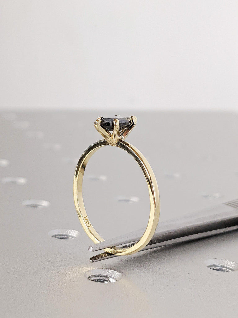 Classic Marquise Cut Salt and Pepper Diamond Bridal Engagement Ring, Solitaire Solid Gold Wedding Ring, 14K Yellow Gold Galaxy Diamond Ring