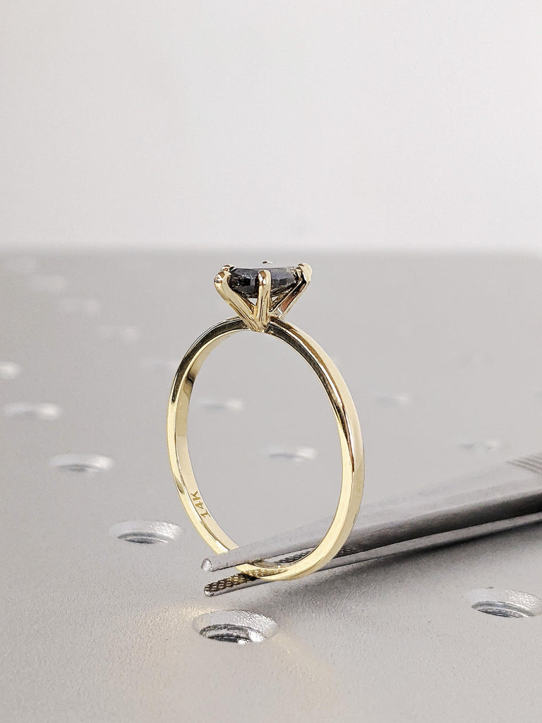 14K Solid Yellow Gold Marquise Cut Salt and Pepper Diamond Engagement Ring, Slim Gold Wedding Band, Raw Salt & Pepper Diamond Solitaire Ring