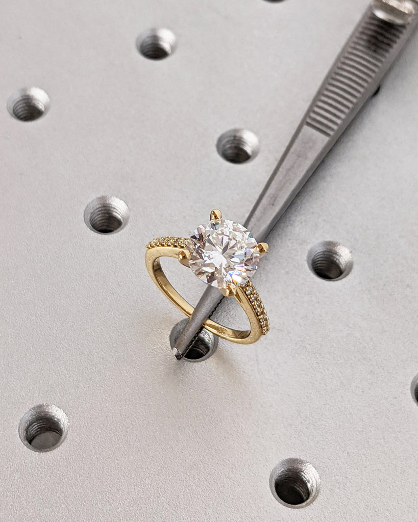 Classic Round Cut Lab Diamond Engagement Ring, Pavé White Diamond Band Bridal Ring, 18K Solid Yellow Gold Lab Grown Diamond Wedding Band