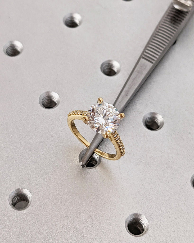 Classic Round Cut Lab Diamond Engagement Ring, Pavé White Diamond Band Bridal Ring, 18K Solid Yellow Gold Lab Grown Diamond Wedding Band image #1