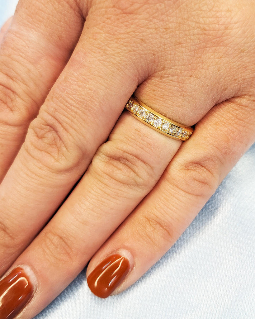 Channel Setting Wedding Ring, 4mm Wedding Band Men, Wedding Band Women, Moissanite or Diamond Eternity Ring, Yellow Rose White Gold Platinum