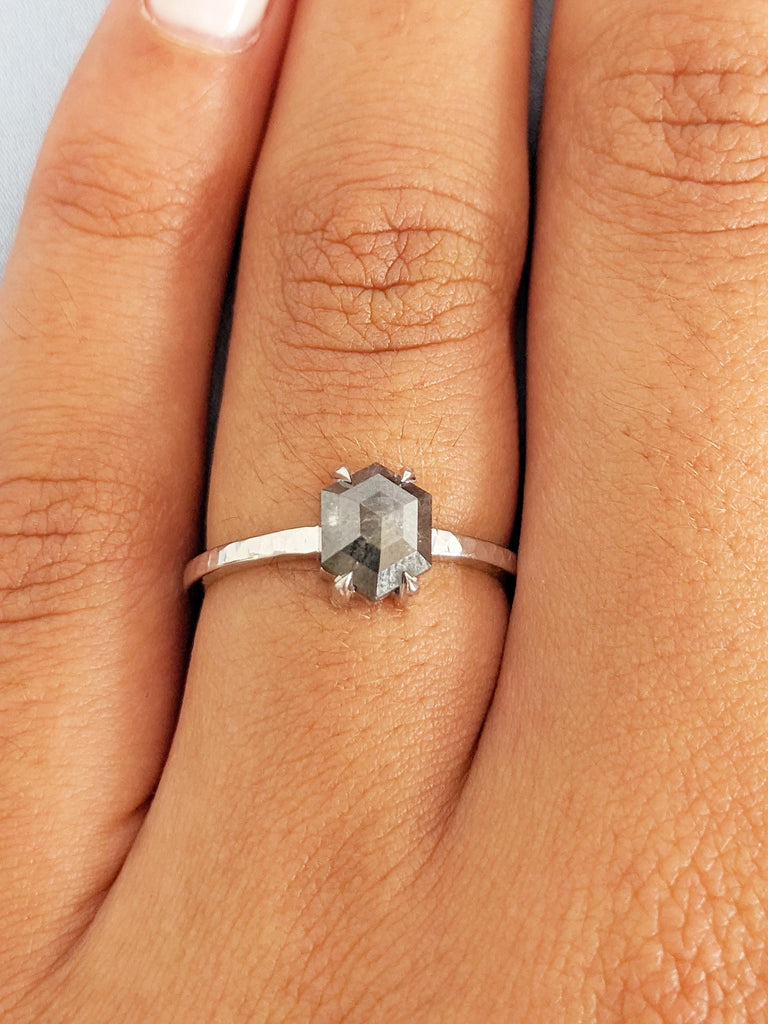 Vintage Salt and Pepper Diamond Engagement Ring, Unique Hand Hammered Ring