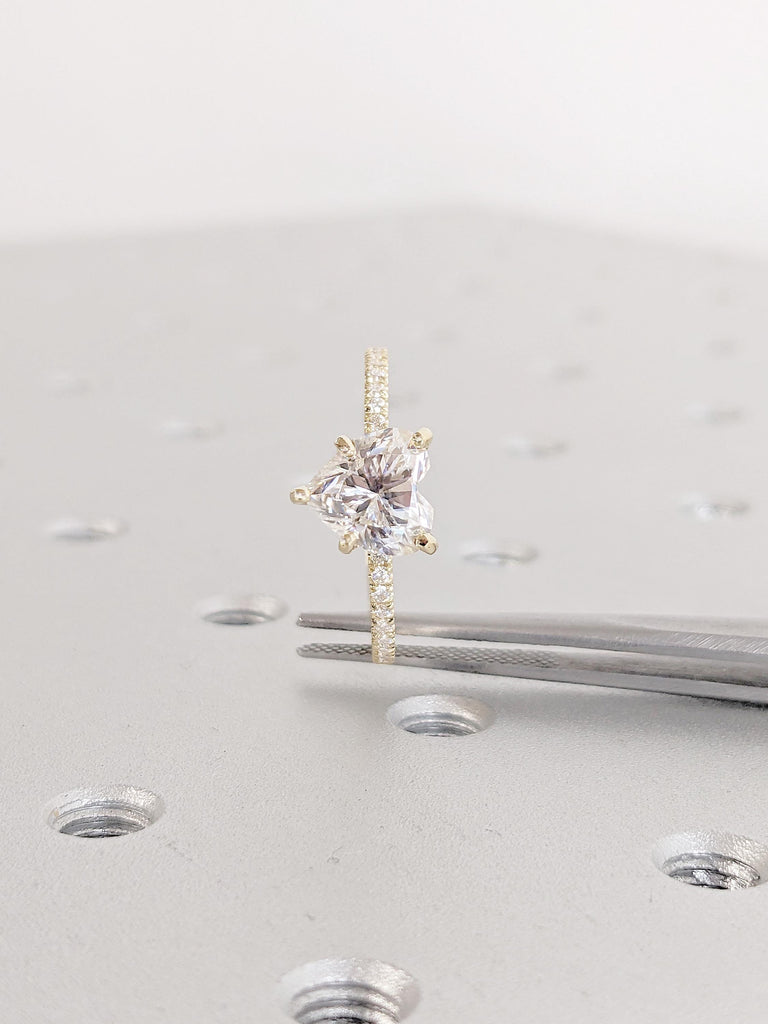 Heart Cut Moissanite Ring: 14K Yellow Gold Half Eternity Pave Band Engagement Ring