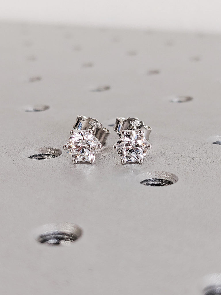 Round Cut Lab Diamond Stud Earrings, 14K White Gold Diamond Push Back Earrings, 6 Prong Solitaire Lab Grown Diamond Earrings, Gift For Her
