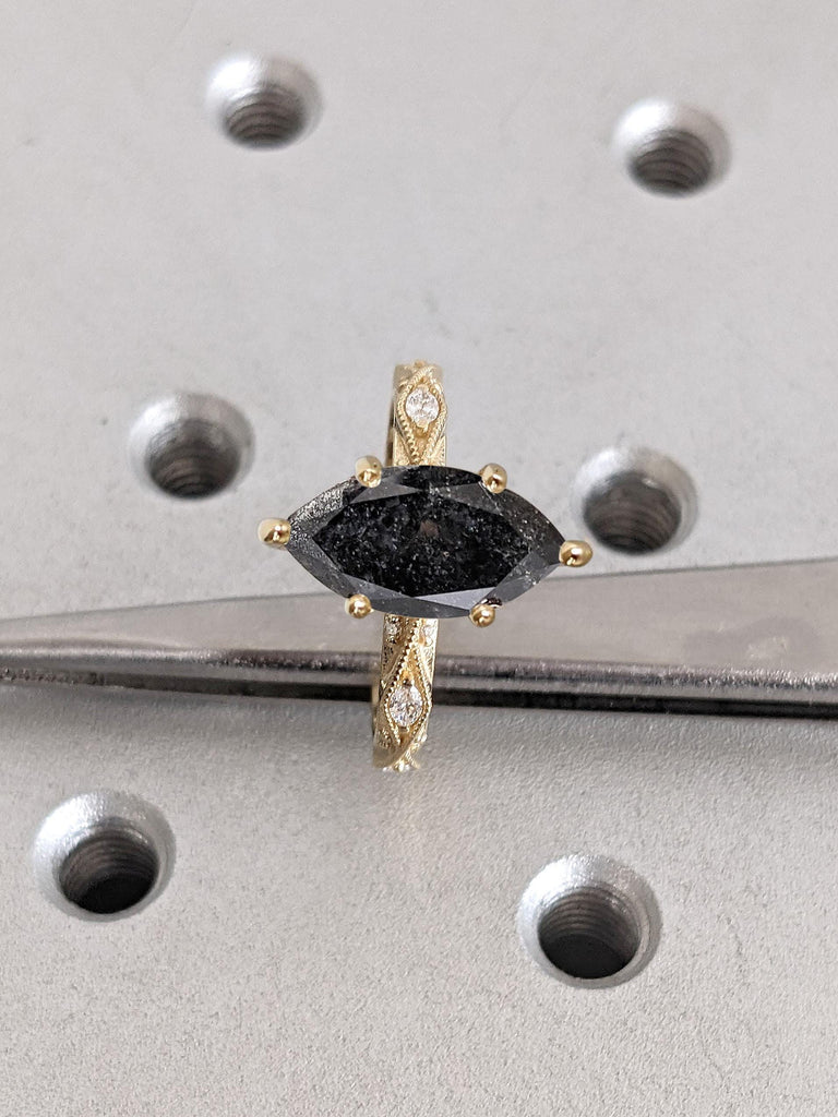 Natural Black Diamond Vintage Marquise cut Engagement Ring | 18k Yellow Gold Salt and Pepper Diamond Promise Ring for Her | Milgrain Ring image #3