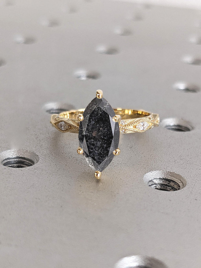 Natural Black Diamond Vintage Marquise cut Engagement Ring | 18k Yellow Gold Salt and Pepper Diamond Promise Ring for Her | Milgrain Ring image #5