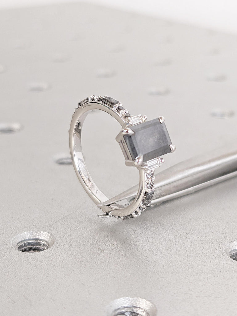 Emerald Cut Salt and Pepper Diamond Engagement Ring, White Gold Ring, Round, Baguette Cut Diamond