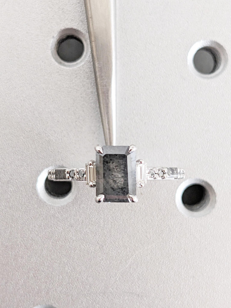Emerald Cut Salt and Pepper Diamond Engagement Ring, White Gold Ring, Round, Baguette Cut Diamond
