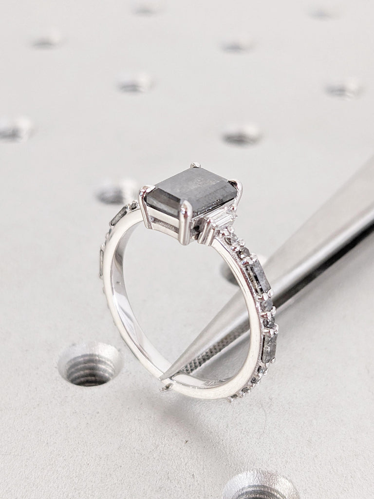Vintage Salt and Pepper Diamond Ring, Emerald Cut Engagement Ring, Round, Baguette Diamond Ring, 14K White Gold Ring, Personalized Ring