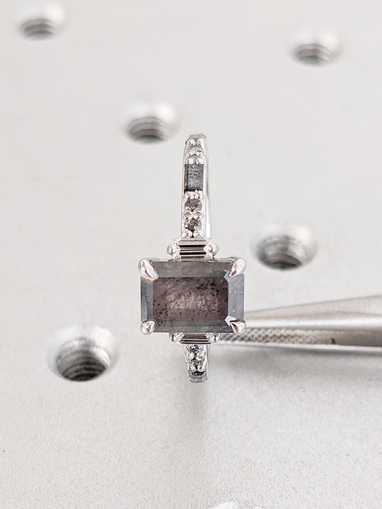 Emerald Cut Salt and Pepper Diamond Engagement Ring, White Gold Ring, Round, Baguette Cut Diamond