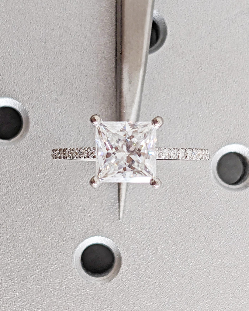 Princess Cut Moissanite Engagement Ring, Unique White Gold Dainty Bridal Ring, Square Princess Cut Moissanite, Promise Ring Anniversary Gift