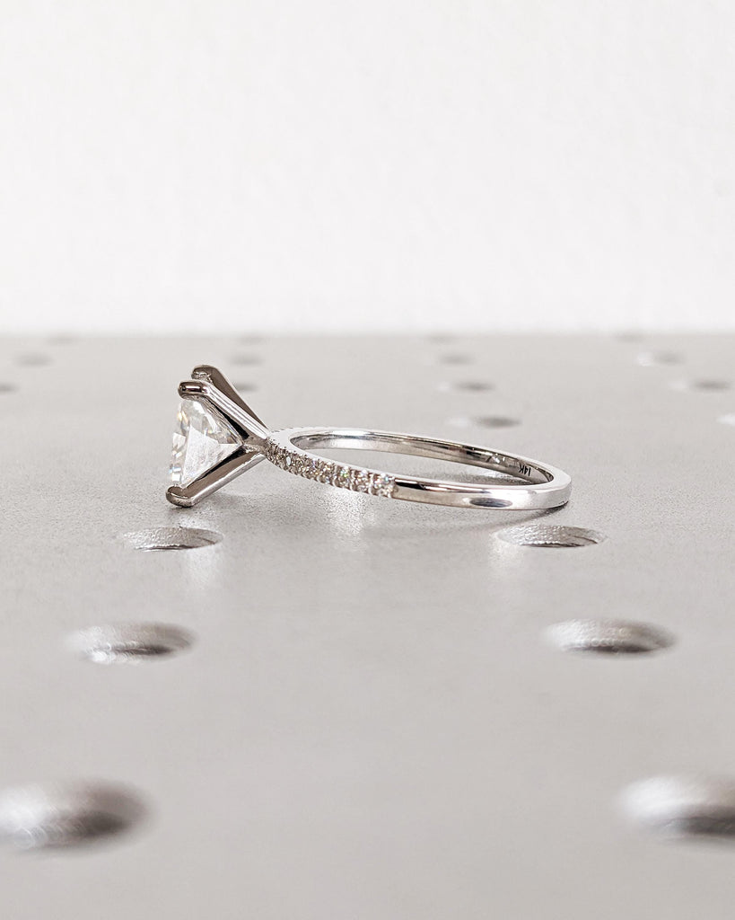 Princess Cut Moissanite Engagement Ring: Solitaire Moissanite, Dainty Band Pave Wedding Ring, Square Ring, Bridal Ring, 14K White Gold