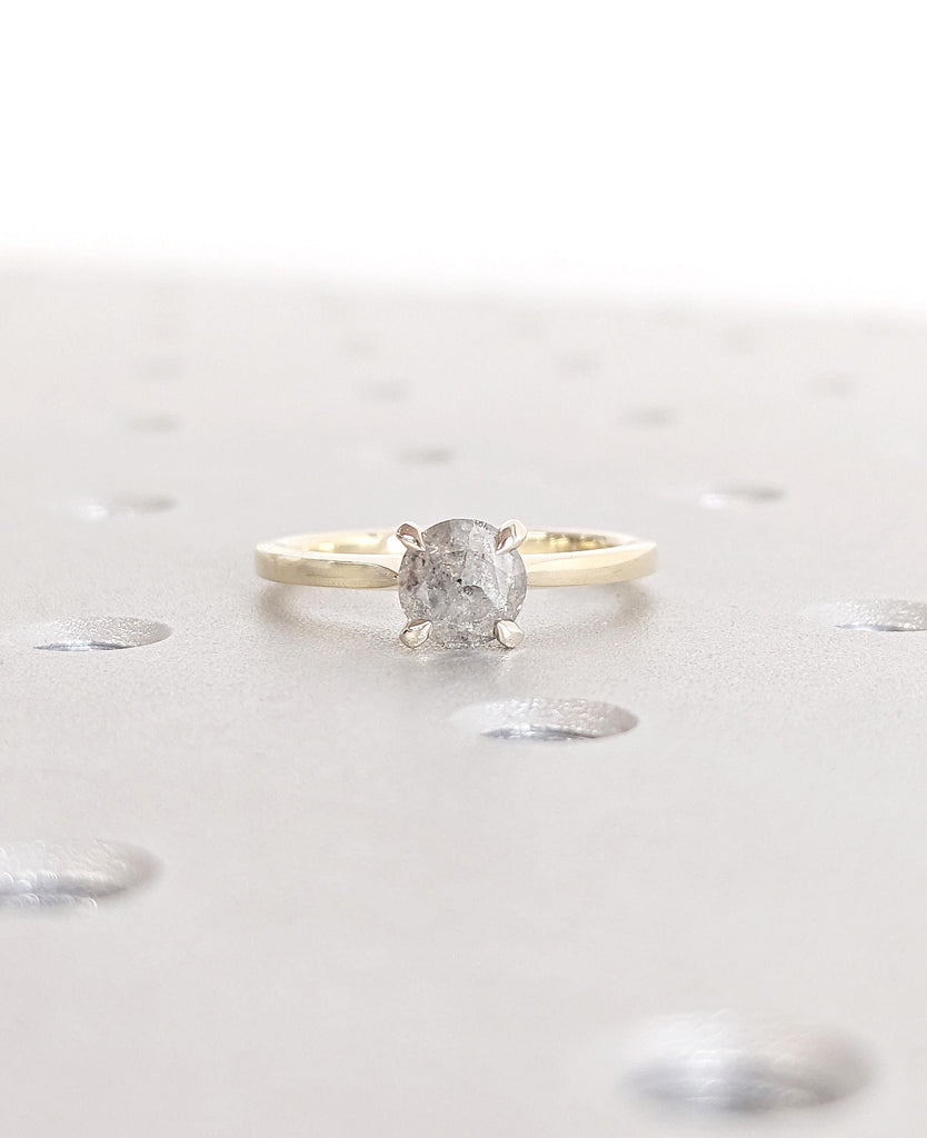 Salt and Pepper Diamond Ring | Two Tone White and Yellow Gold Solitaire Engagement Ring | Unique Wedding Promise Ring for Women Jewelry