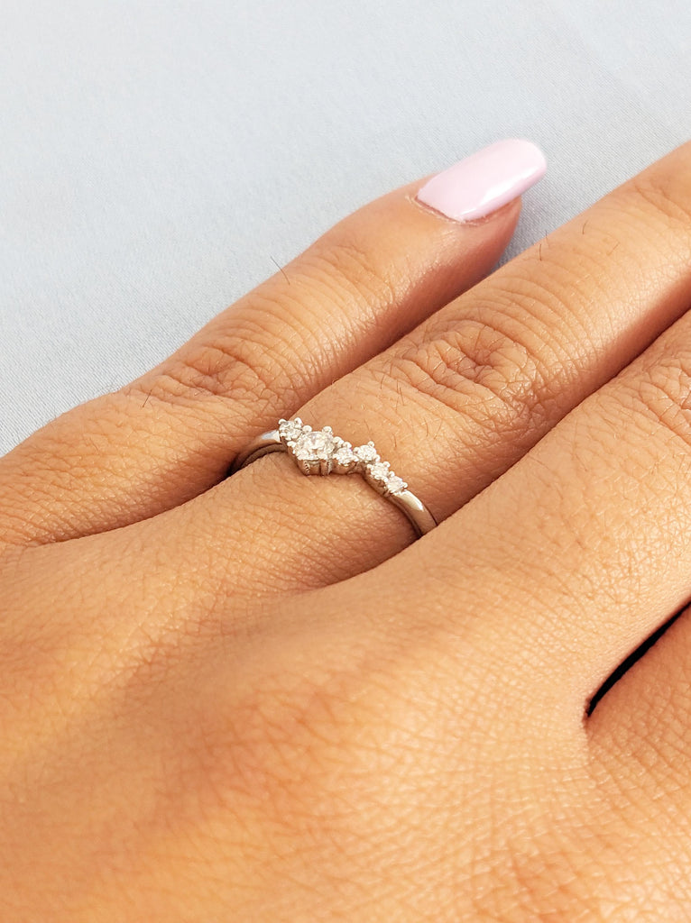 Platinum Rings for Women, Curved Wedding Band, Art Deco Lab Diamond Cluster Ring, Personalized Handmade Rings, Minimalist Stacking Ring