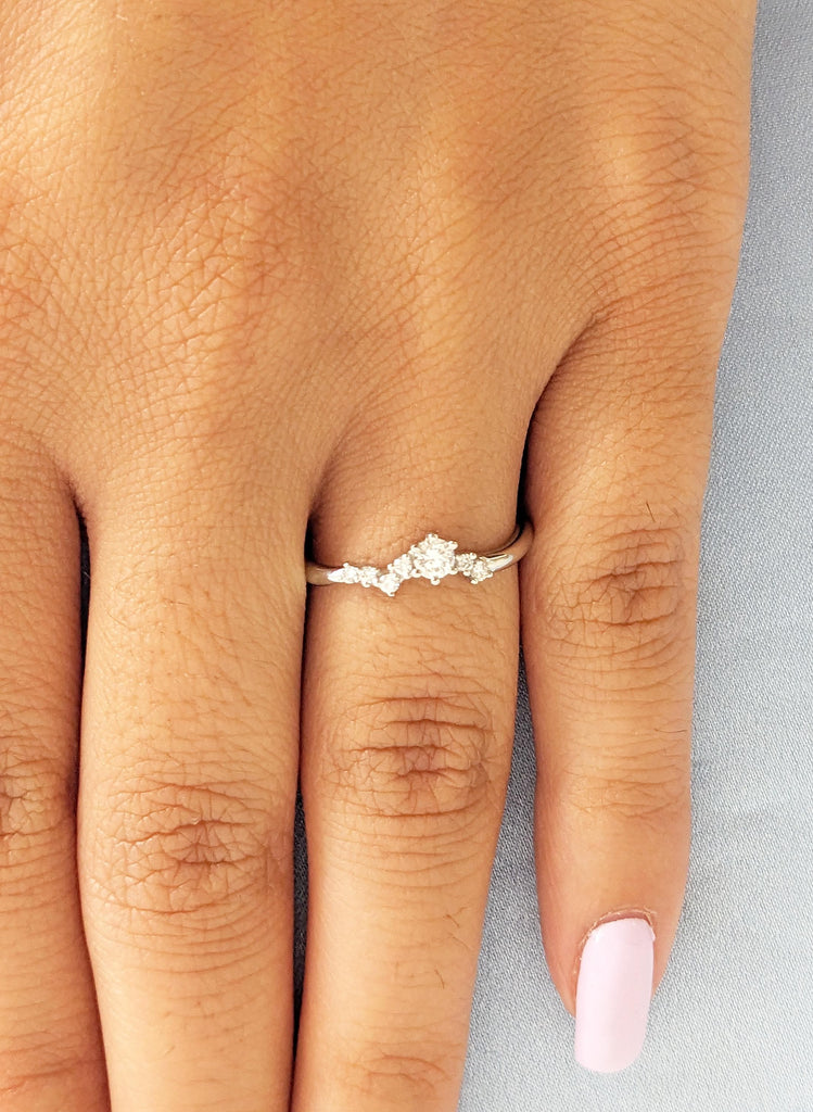 Platinum Rings for Women, Curved Wedding Band, Art Deco Lab Diamond Cluster Ring, Personalized Handmade Rings, Minimalist Stacking Ring